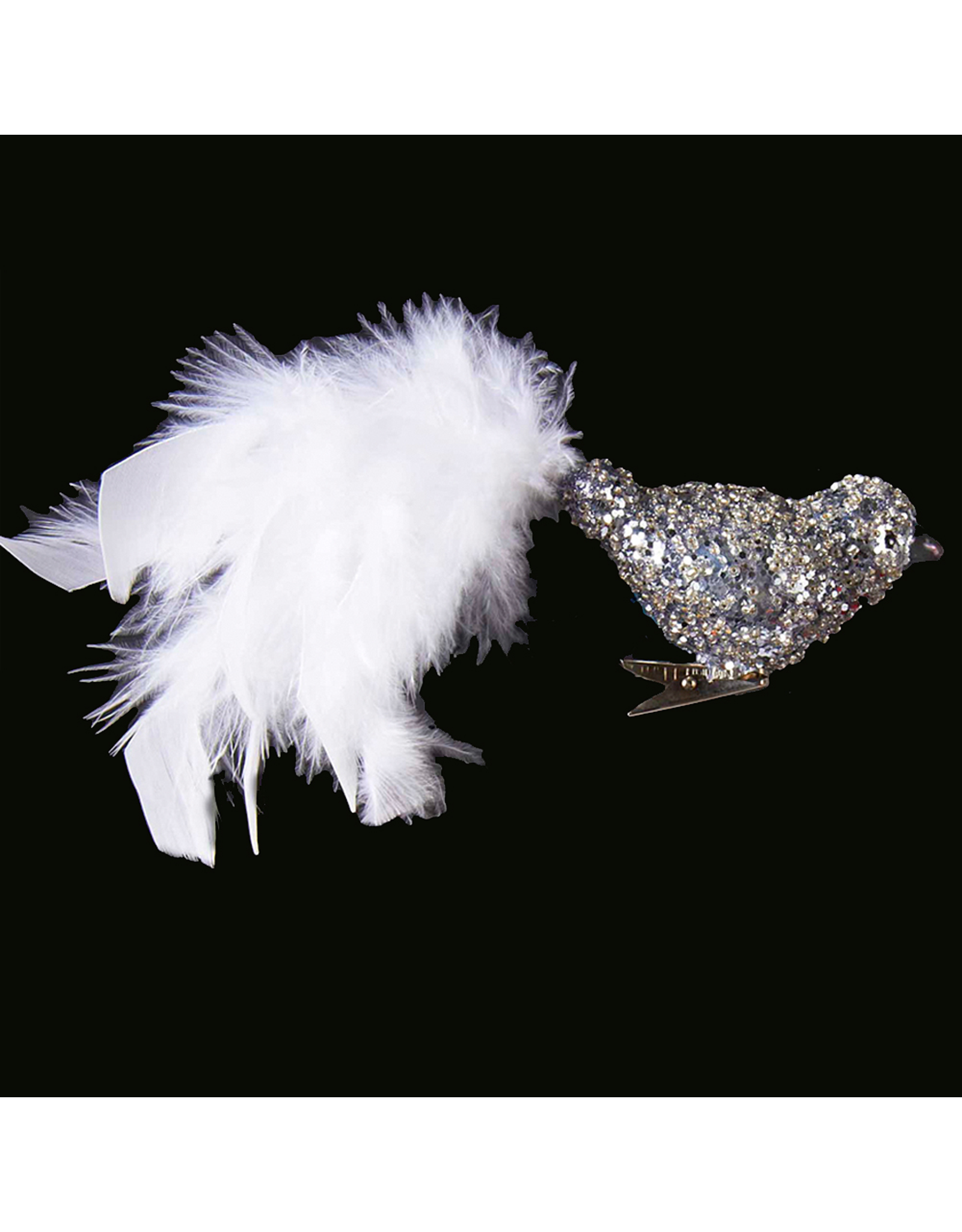 Kurt Adler Glass Deco Bird Ornament Silver Glitter w Feathers -A