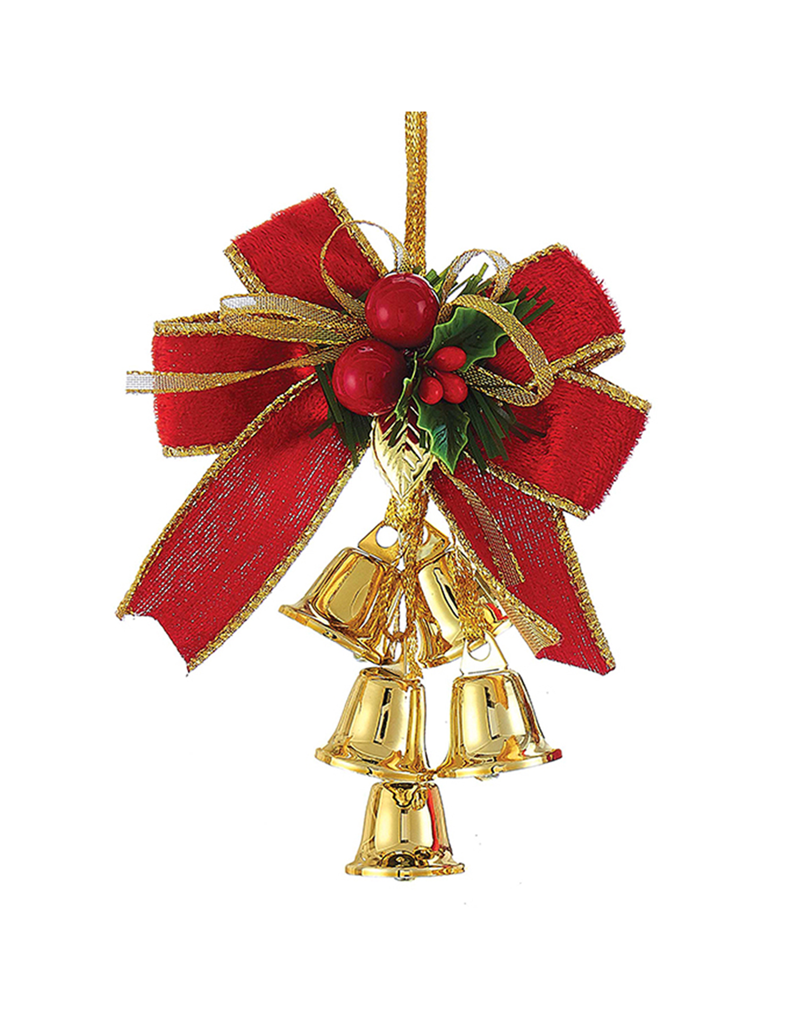 Kurt Adler Red Gold Bow w Mistletoe Metal Bells Cluster -BELL