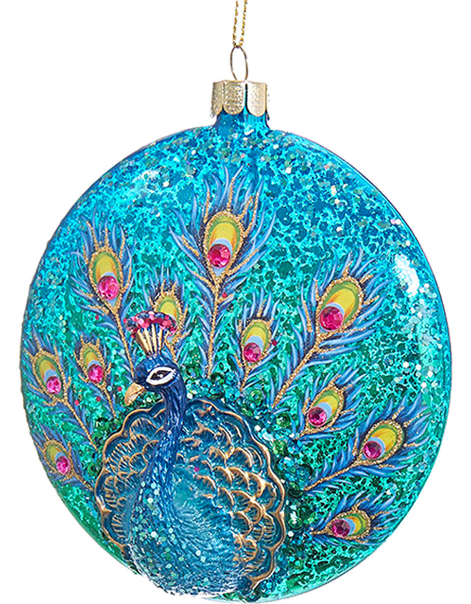 Kurt Adler Glittered Peacock Glass Disc Ornament - Blues