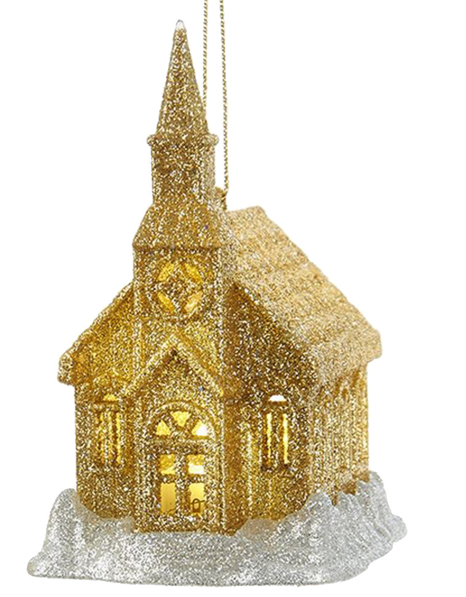 Kurt Adler Gold Glittered LED Light Up Church Ornament 4 inch -B