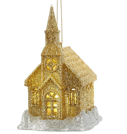 Kurt Adler Gold Glittered LED Light Up Church Ornament 4 inch -B