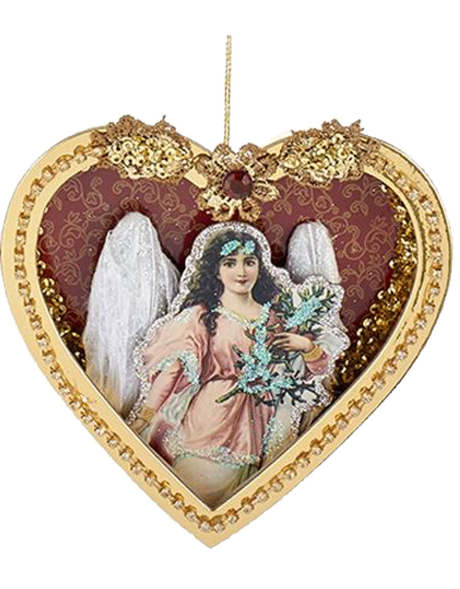 Kurt Adler Paper Angel w Feather Wings in Heart Shadow Box Ornament -D
