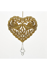 Kurt Adler Gold Glittered Heart w Doves and Gem Christmas Ornament