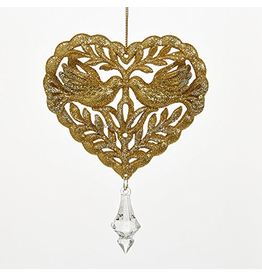 Kurt Adler Gold Glittered Heart w Doves and Gem Christmas Ornament