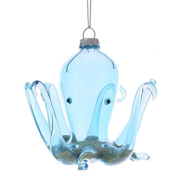 Kurt Adler Octopus Ornament Blue Glass w Beach Sand Inside - Arms Up