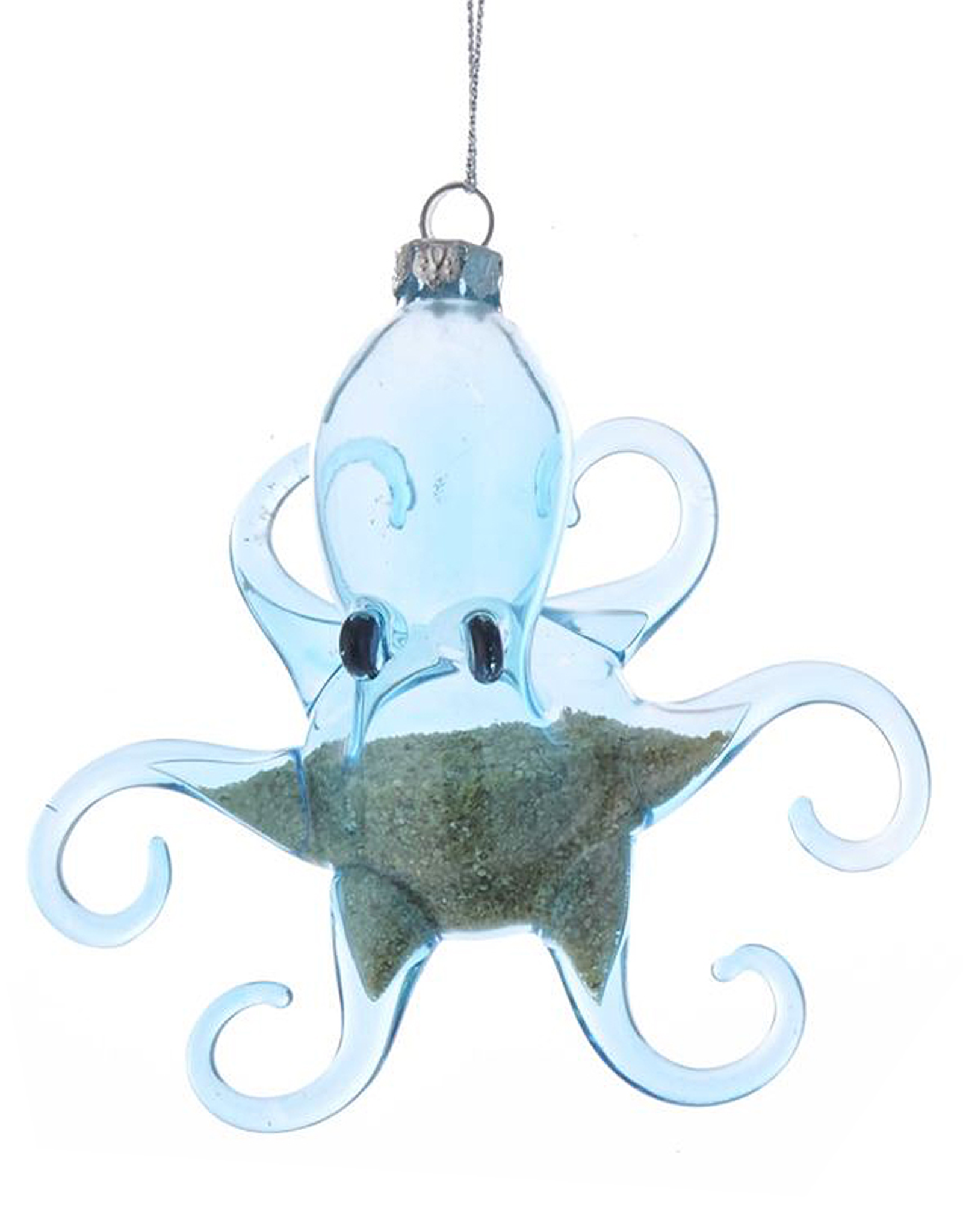 Kurt Adler Octopus Ornament Blue Glass w Beach Sand Inside - Arms Out