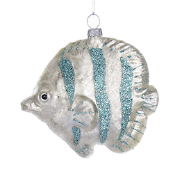Kurt Adler Glass Silver Fish Ornament w Blue Glittered Stripes 4.6"
