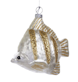 Kurt Adler Glass Silver Fish Ornament w Gold Glittered Stripes 4.6"