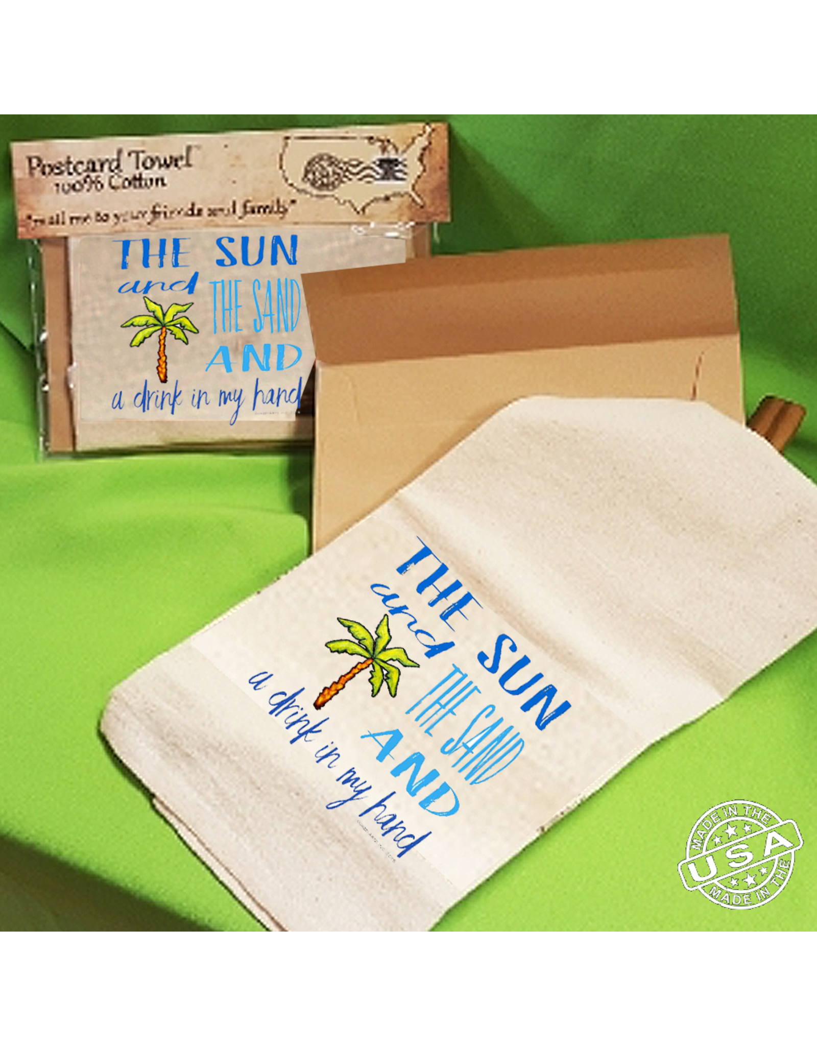 Postcard Towel Mailable Tea Towel with Sun Sand Drink In My Hand