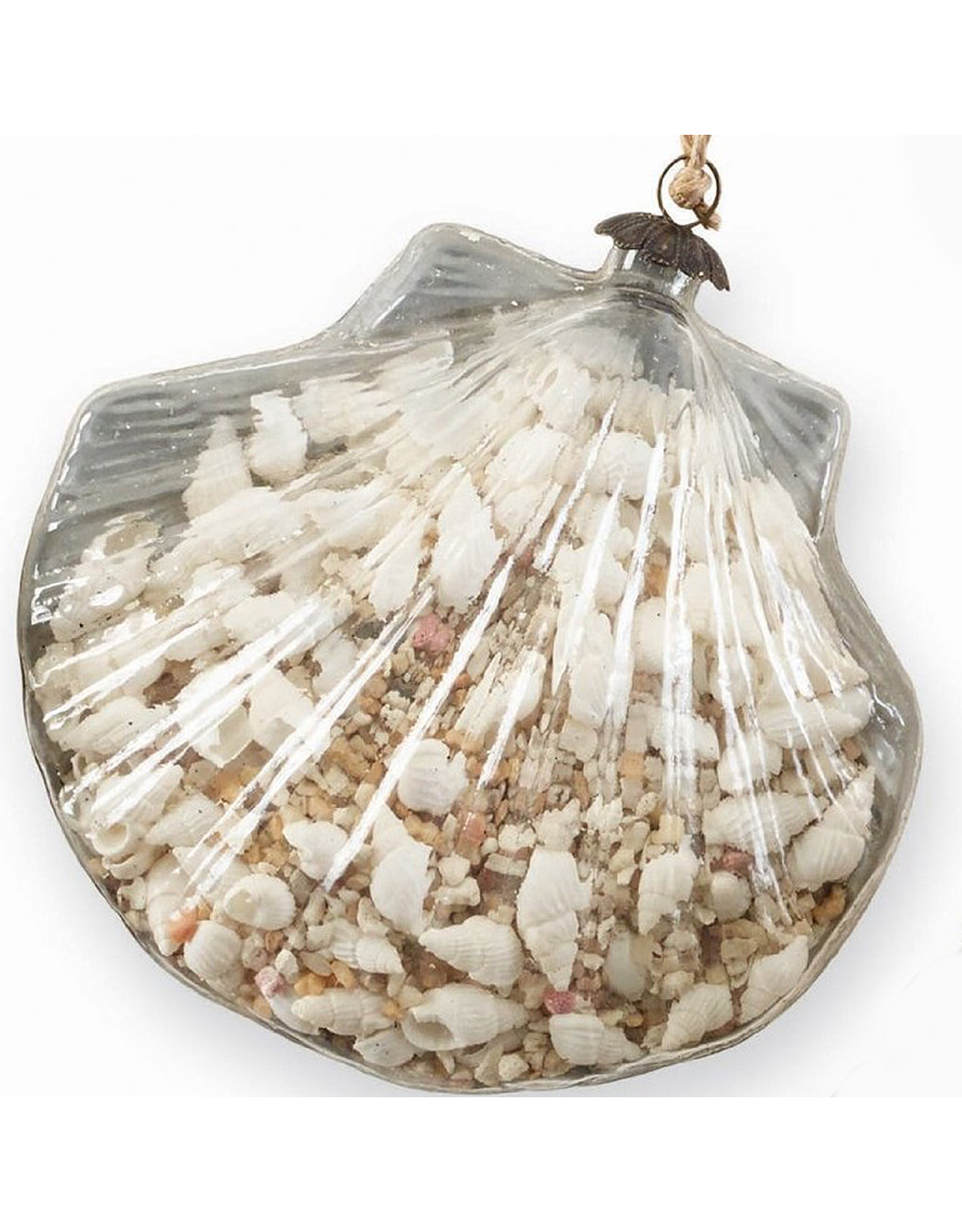 Mud Pie Glass Clam Shell Filled Ornament w Antique Silver Backing