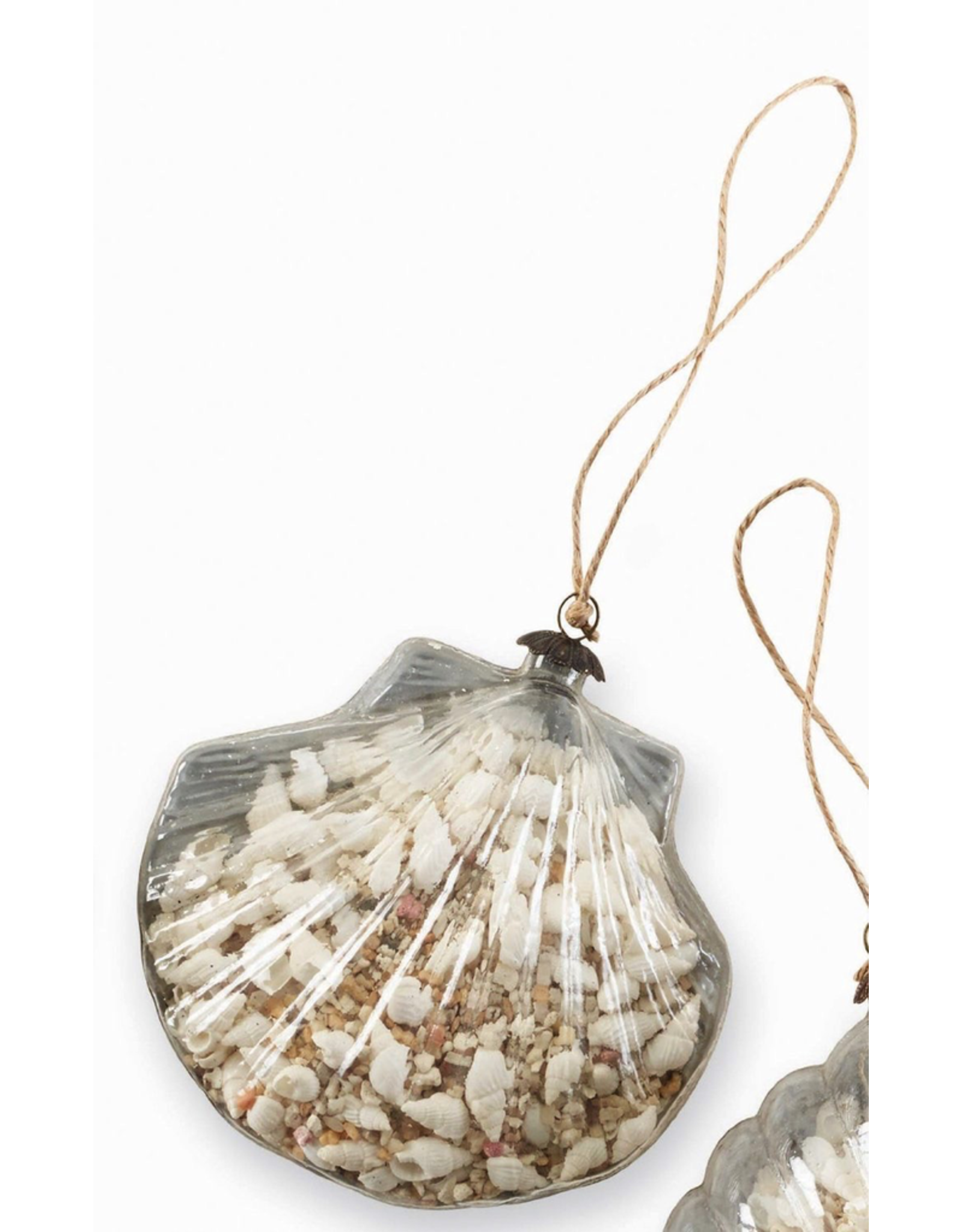 Mud Pie Glass Clam Shell Filled Ornament w Antique Silver Backing