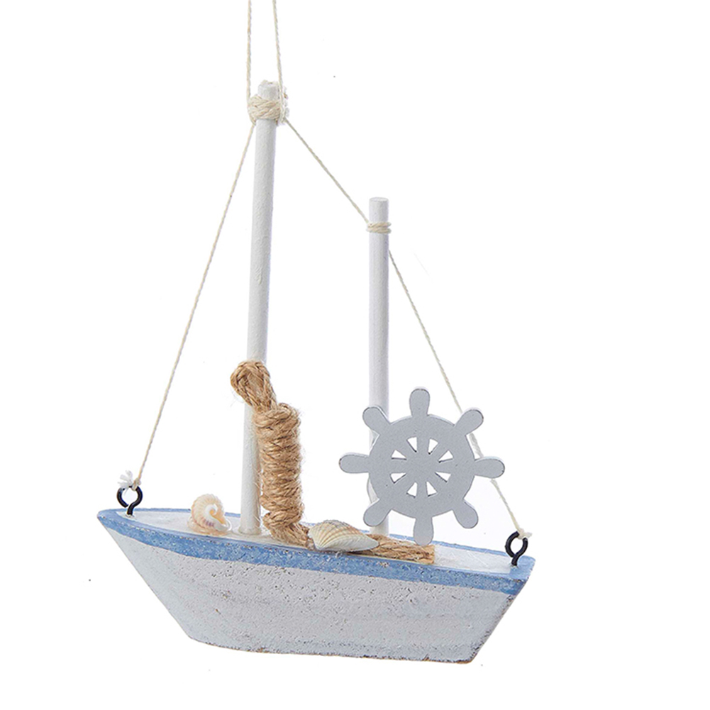 Kurt Adler Wood Sailboat Nautical Christmas Ornament w Captains Wheel ...