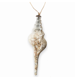 Mud Pie Glass Spiral Shell Filled Ornament w Antique Silver Backing