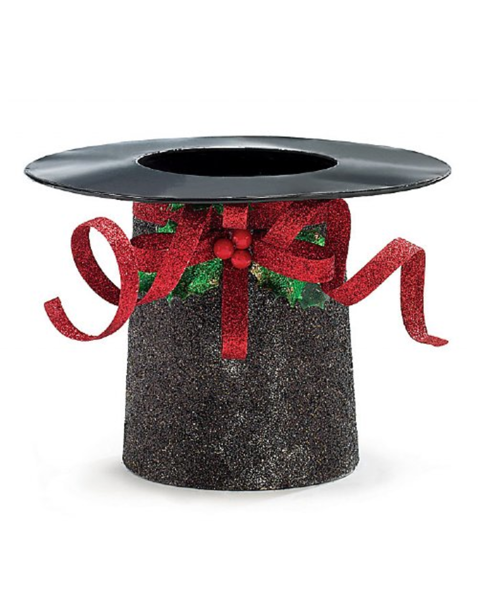 Burton and Burton Glittered Black Tin Hat With Red Bow Christmas Container