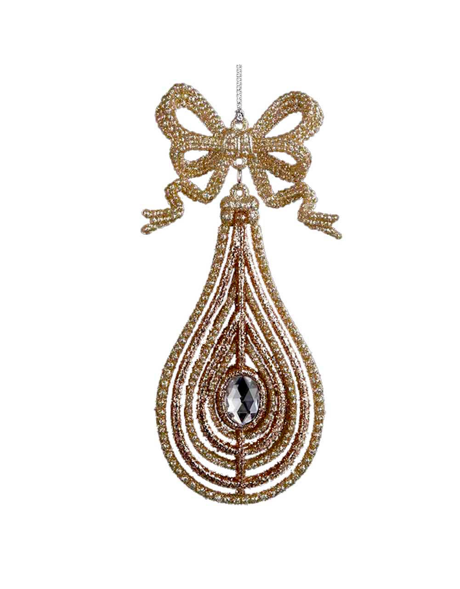 Kurt Adler Christmas Ornament Platinum Glittered Drop w Bow -B