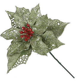 Kurt Adler Sparkle Glittered Poinsettia Christmas Pick 6.5 Inch GREEN