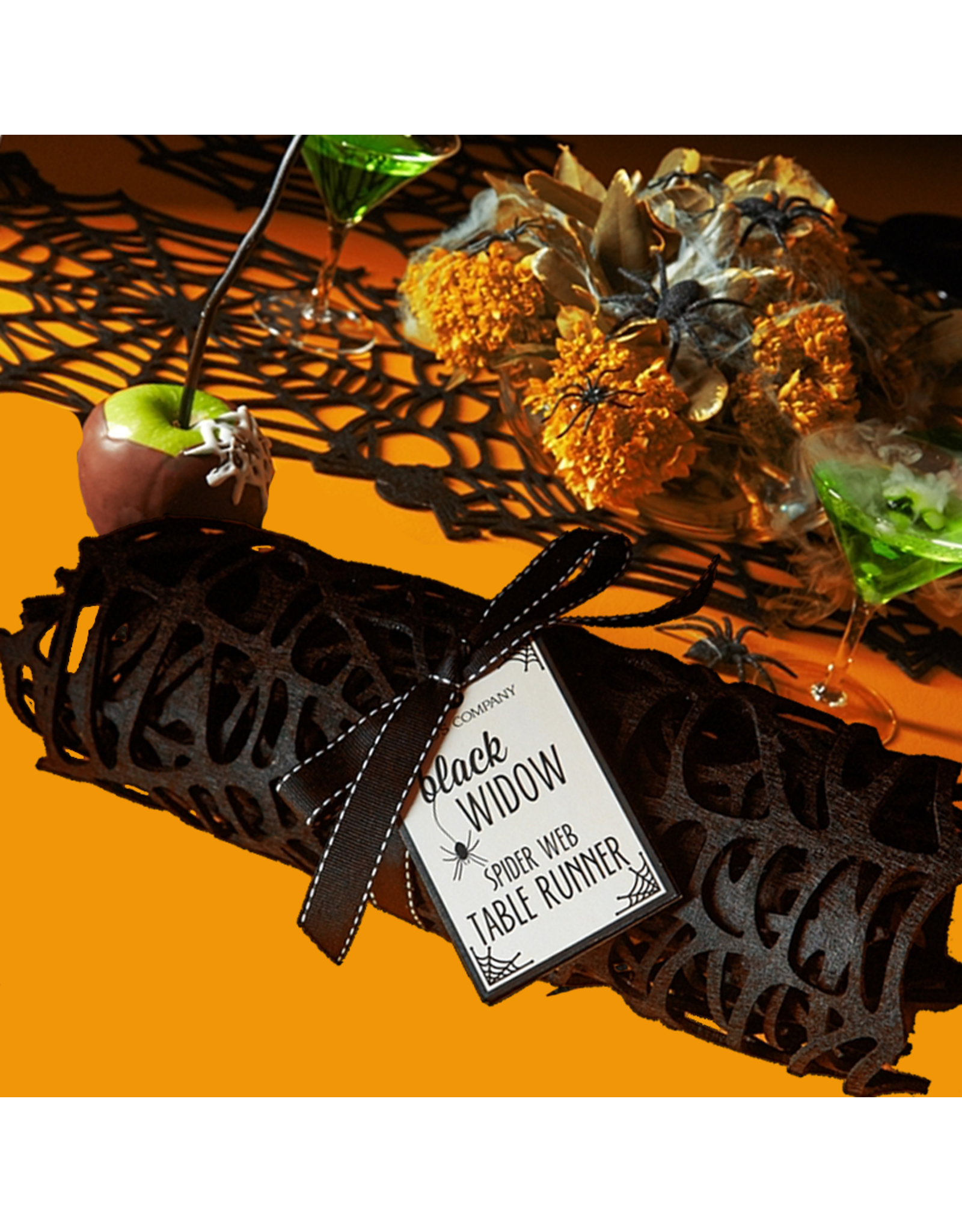 Twos Company Halloween Table Runner 47 Inch Black Widow Spider Web