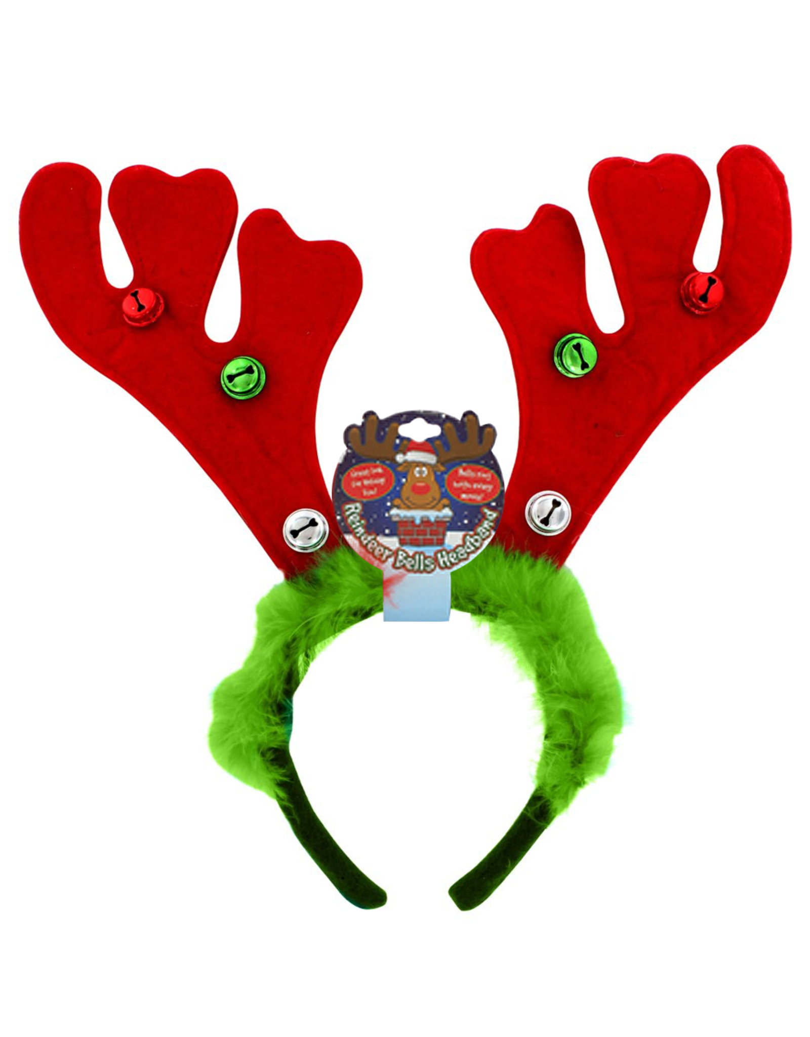 DMM Gifts Reindeer Antler Headband w Jingle Bells n Furry Feathers - Green