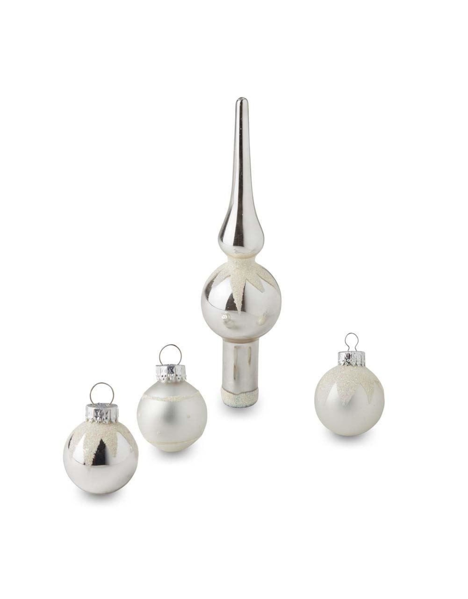 Kurt Adler Silver Miniature Glass Ball Ornaments W Tree Topper 15pc Set 35MM