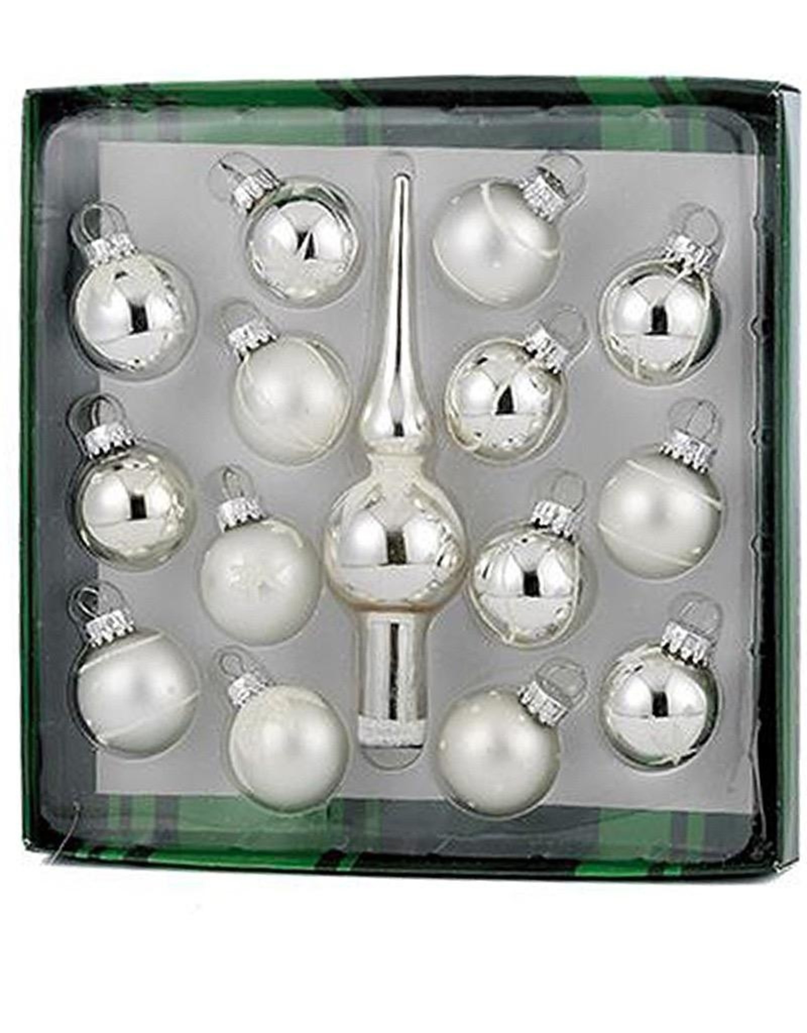 Kurt Adler Silver Miniature Glass Ball Ornaments W Tree Topper 15pc Set 35MM