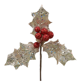 Kurt Adler Holly Berry Cluster PIck Silver Leaf Christmas Flowers Florals