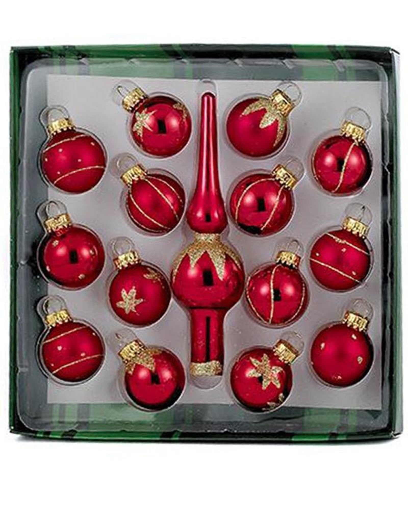 Kurt Adler Red Miniature Glass Ball Ornaments W Tree Topper 15pc Set 35MM