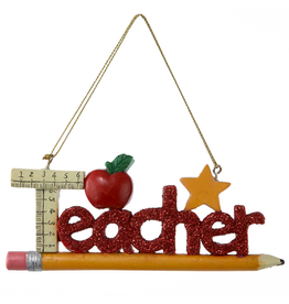 Kurt Adler Red Glitter Teacher Ornament Teacher Word on Pencil