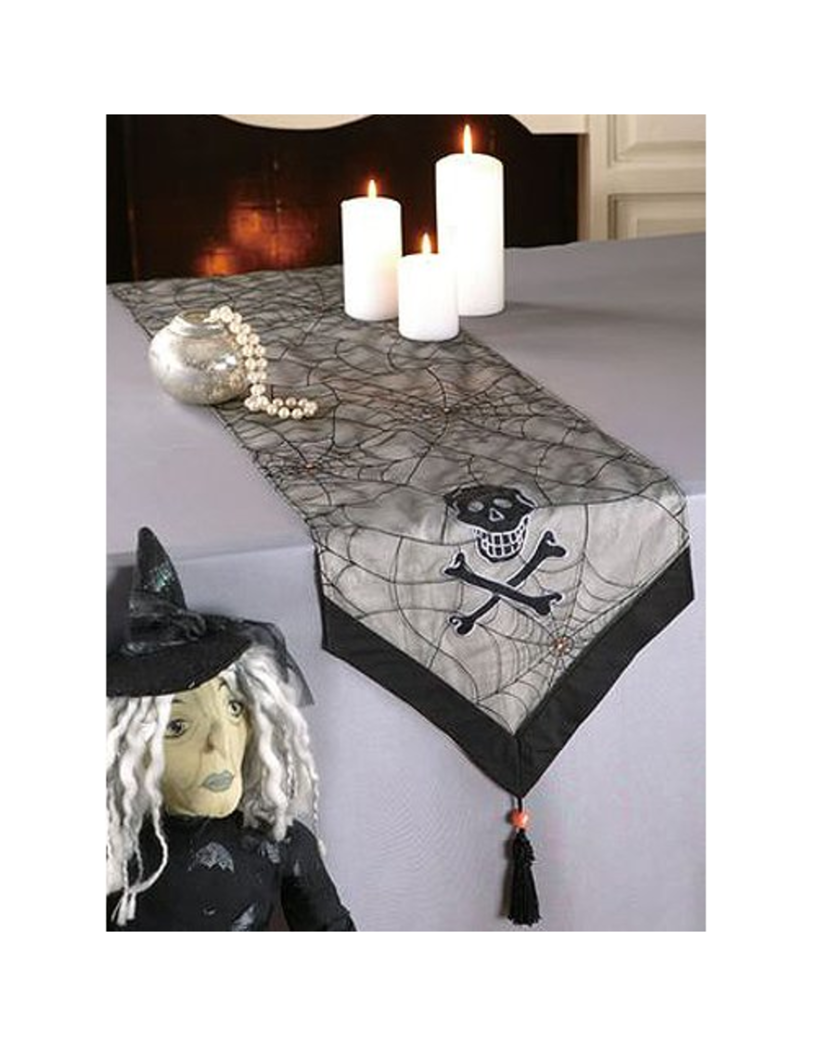 Peking Handicraft Halloween Table Runner Skull w Spider Webs 68 Inch