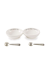 Mud Pie Ceramic Double Salsa Server w 2 Metal Spoons Set