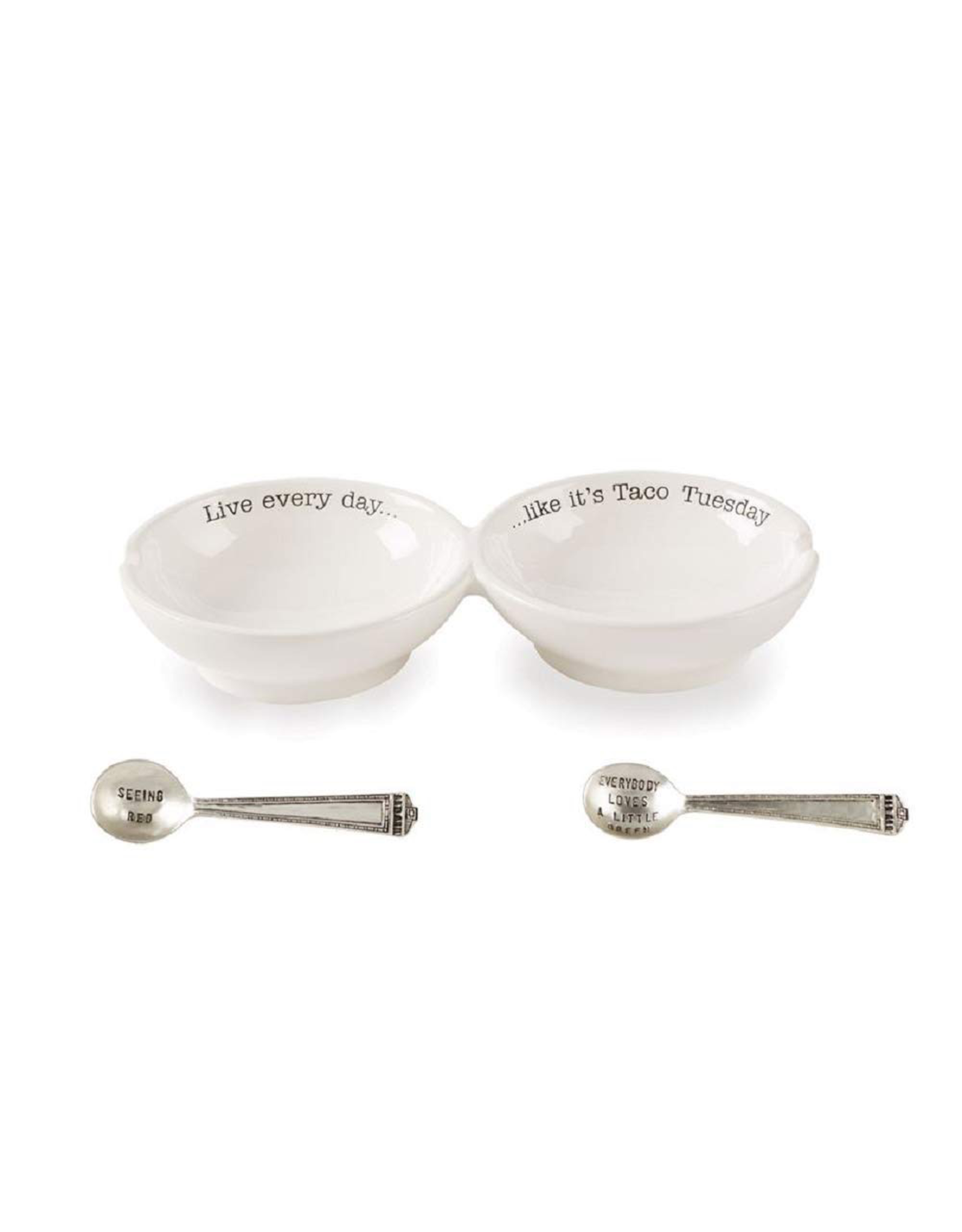 Mud Pie Ceramic Double Salsa Server w 2 Metal Spoons Set