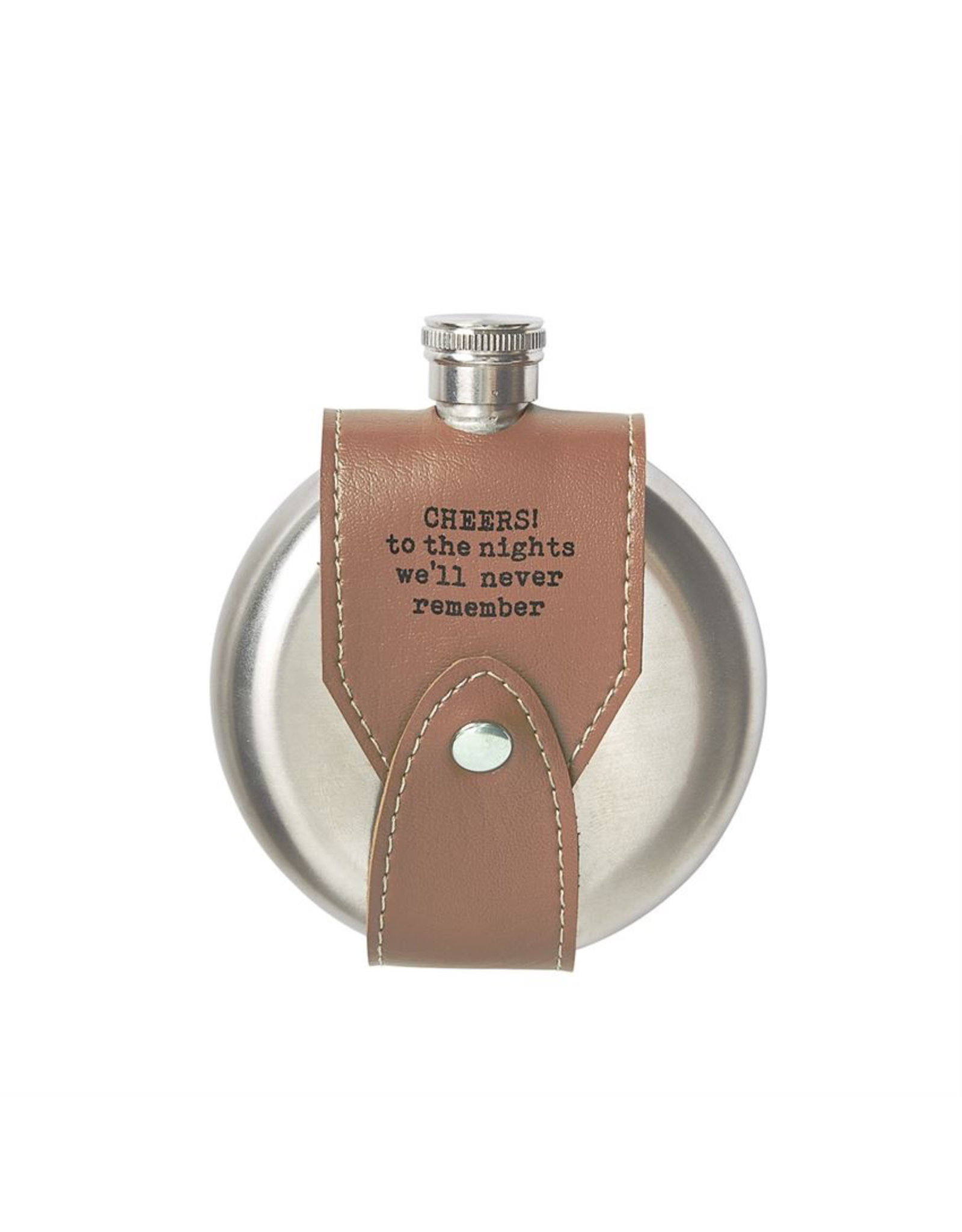 Mud Pie Leather Sentiment Flask 4oz w CHEERS To The Nights We’ll Never Remember