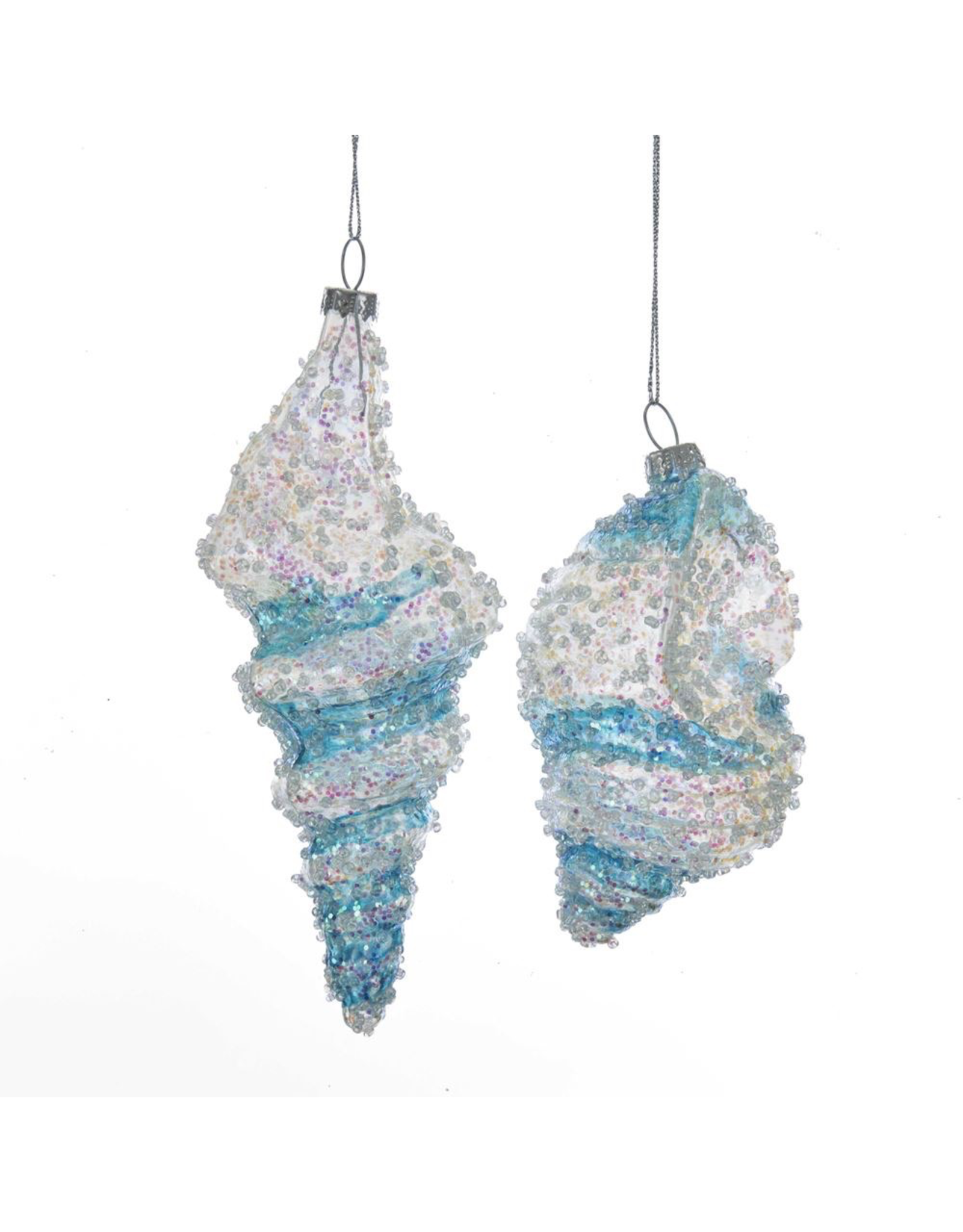 Kurt Adler Beaded Iridescent Glass Shell Ornament w Blue Clear Stripes Set of 2