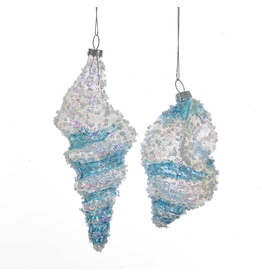 Kurt Adler Beaded Iridescent Glass Shell Ornament w Blue Clear Stripes Set of 2