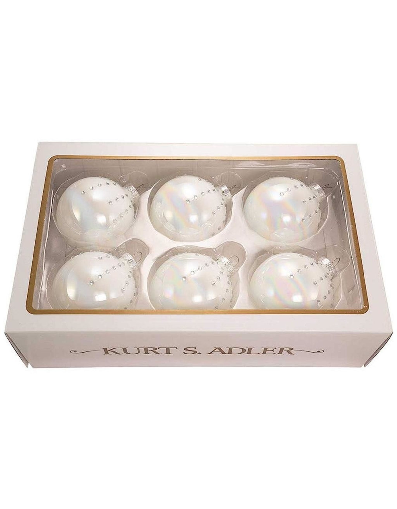 Kurt Adler Iridescent Pearl White W Gems Glass Ball Ornaments Set of 6