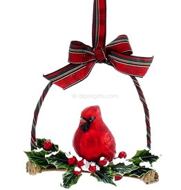 Kurt Adler Glass Red Cardinal Ornament Perched Bird On Branch w Holly