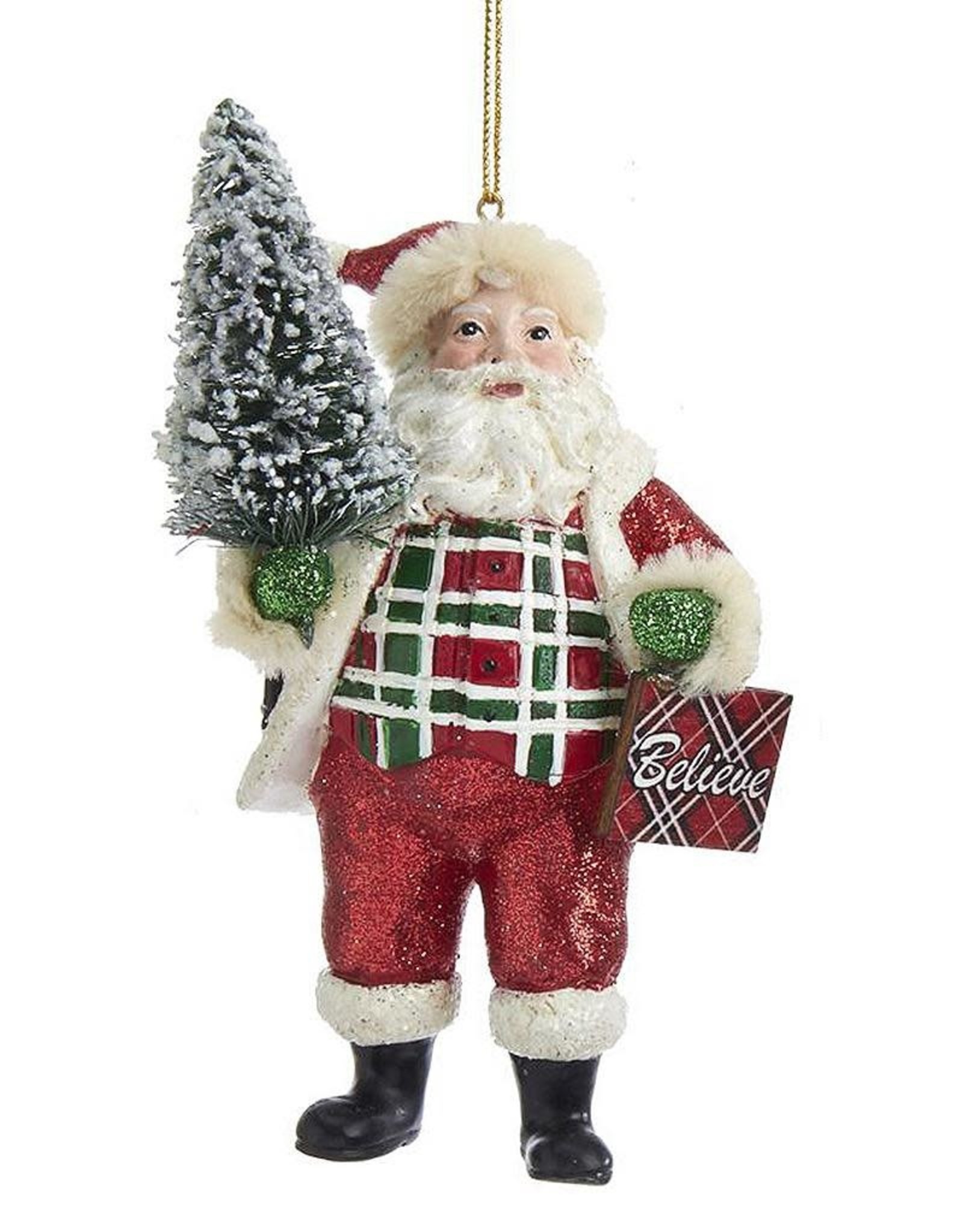 Kurt Adler Classic Plaid Santa Ornament Christmas Tree W Believe Sign