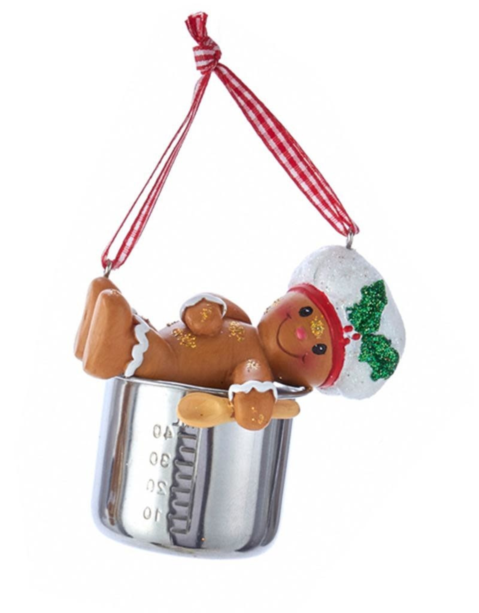 Kurt Adler Gingerbread Chef Boy Utensil Ornament Resting On Pot
