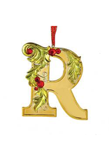 Kurt Adler Gold Initial Ornament With Holly Accents 3.5 Inch Letter R