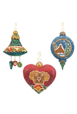 DeBrekht Artistic Studios Bell Heart And Round Drop Ornaments Set Of 3