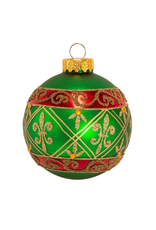 Kurt Adler Fleur-De-Lis Red Gold Green Glass Ball Ornaments Set of 6