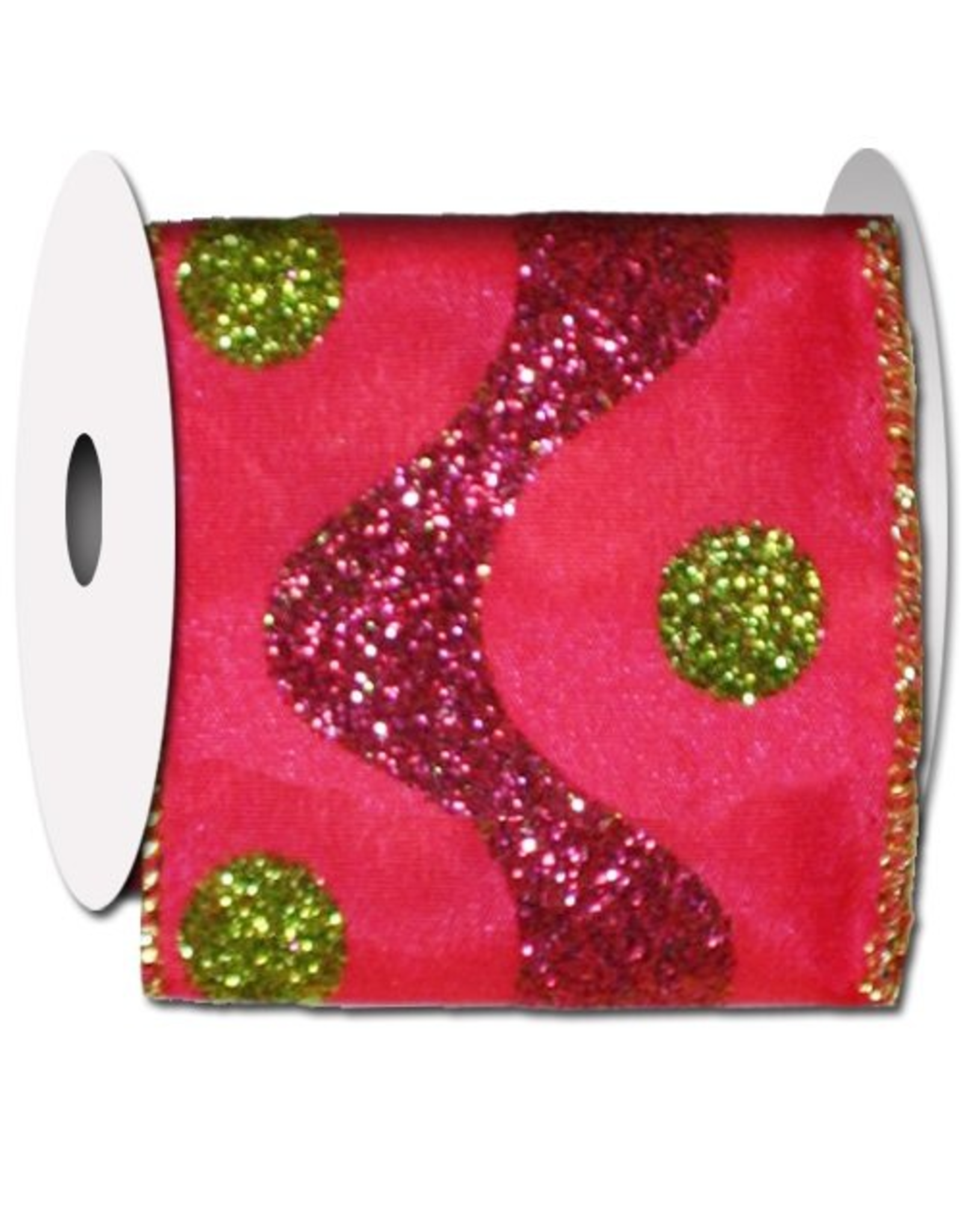 Pink w Green Dots Motion Ribbon - Glittered 10 Yards