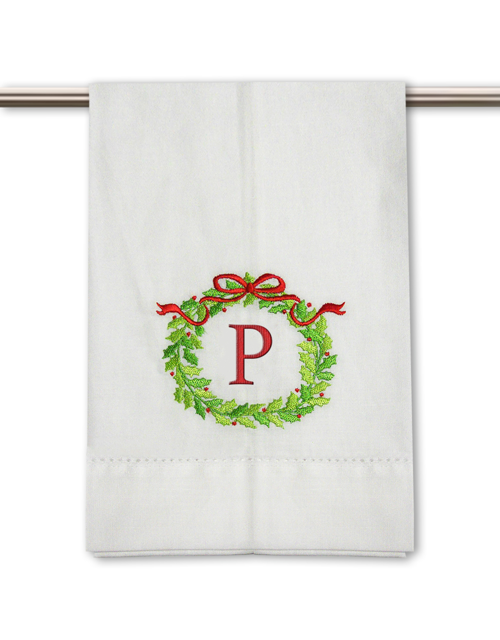 Peking Handicraft Monogramed Christmas Wreath Guest Towel Embroidered Letter P