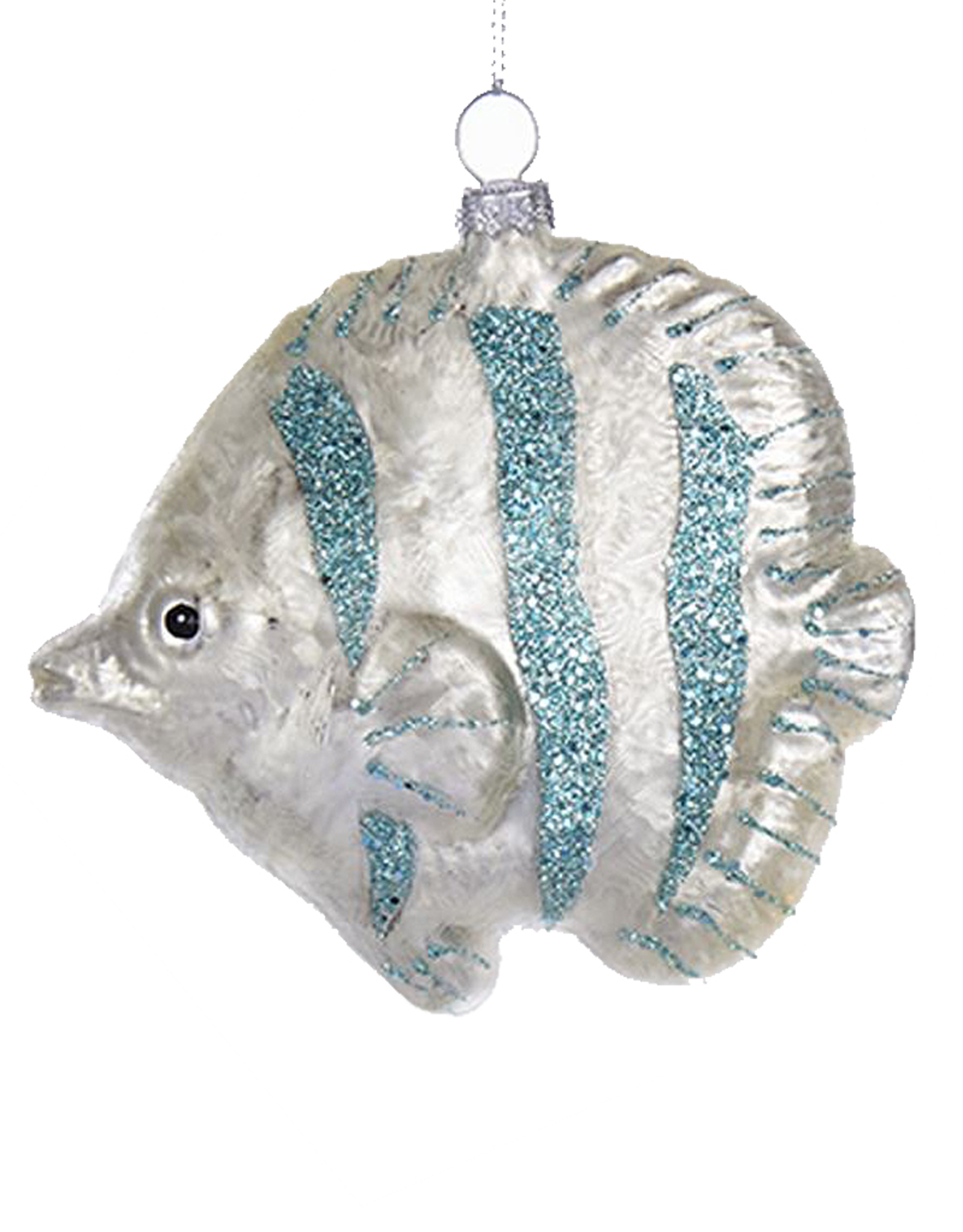 Kurt Adler Glass Silver Fish Ornament w Blue Glittered Stripes 4.6"