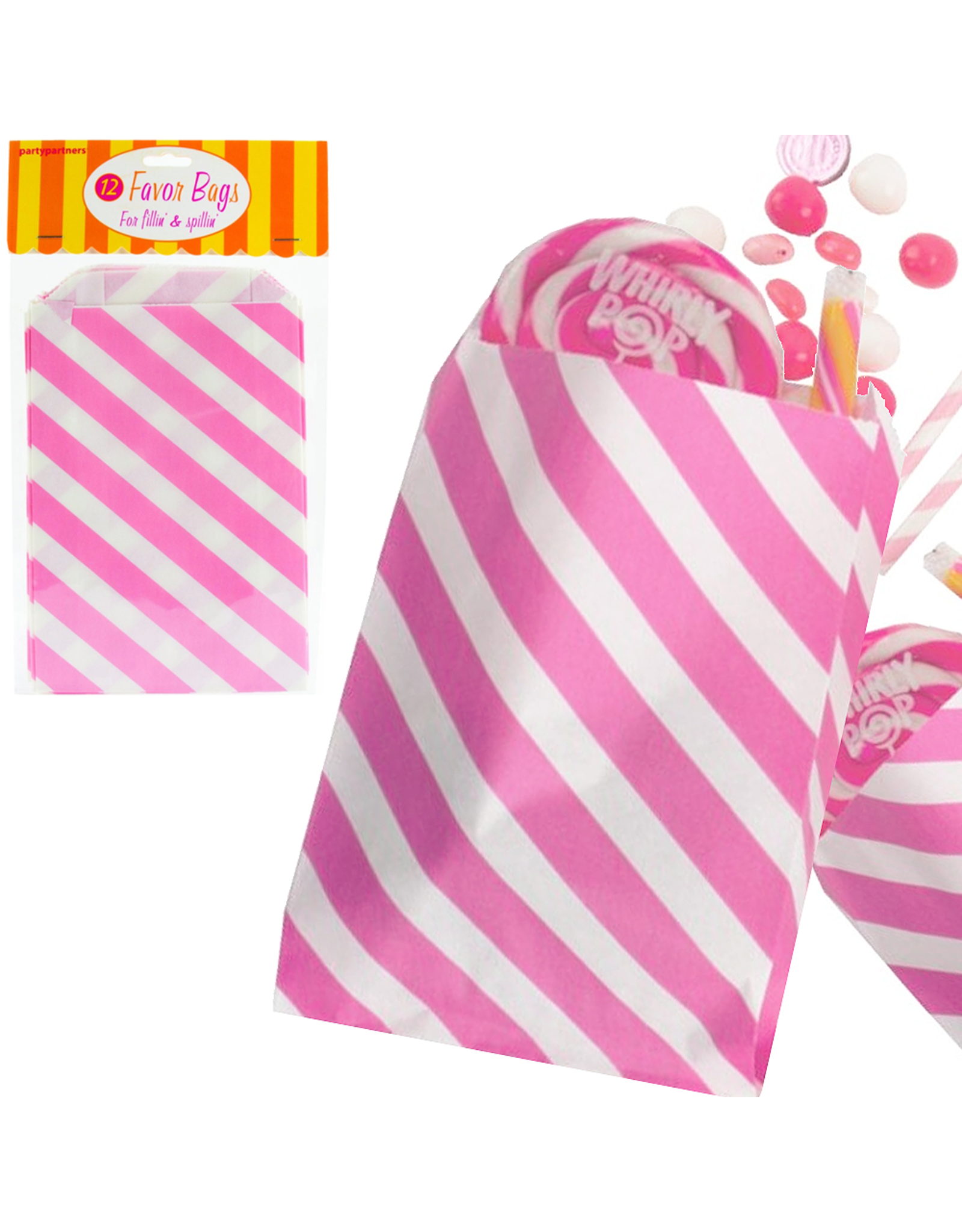 Party Favor Bags 12Pk Pink Diagonal Stripes by Party Partners