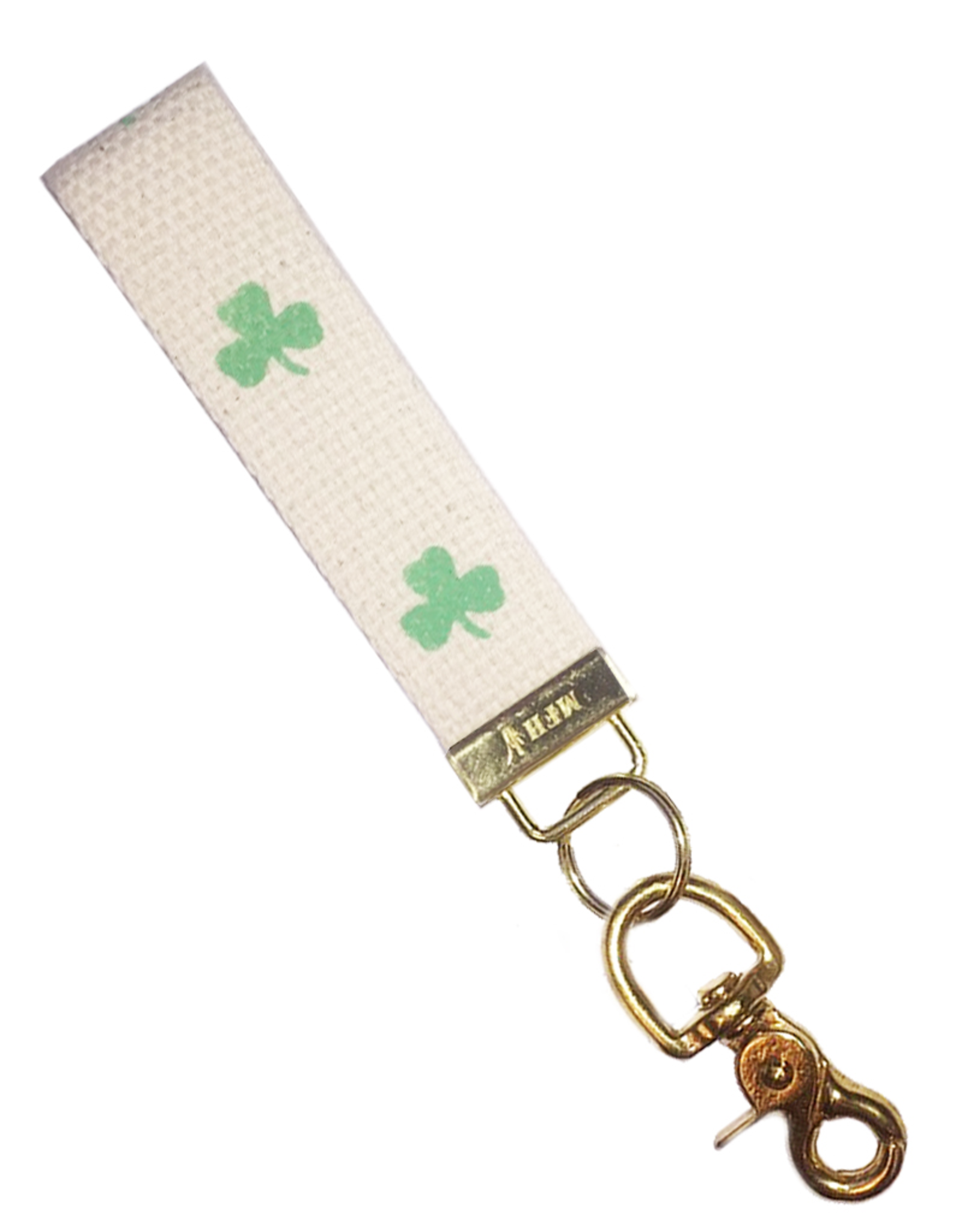 MFH Keychain Cotton w Brass Clip w Shamrock Irish Clover-Kelly Green
