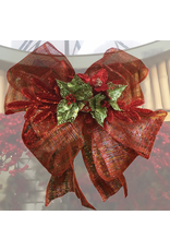 DIGS-N-GIFTS Red Green Mesh Bow w Floral Triple Poinsettia and Pine Branches