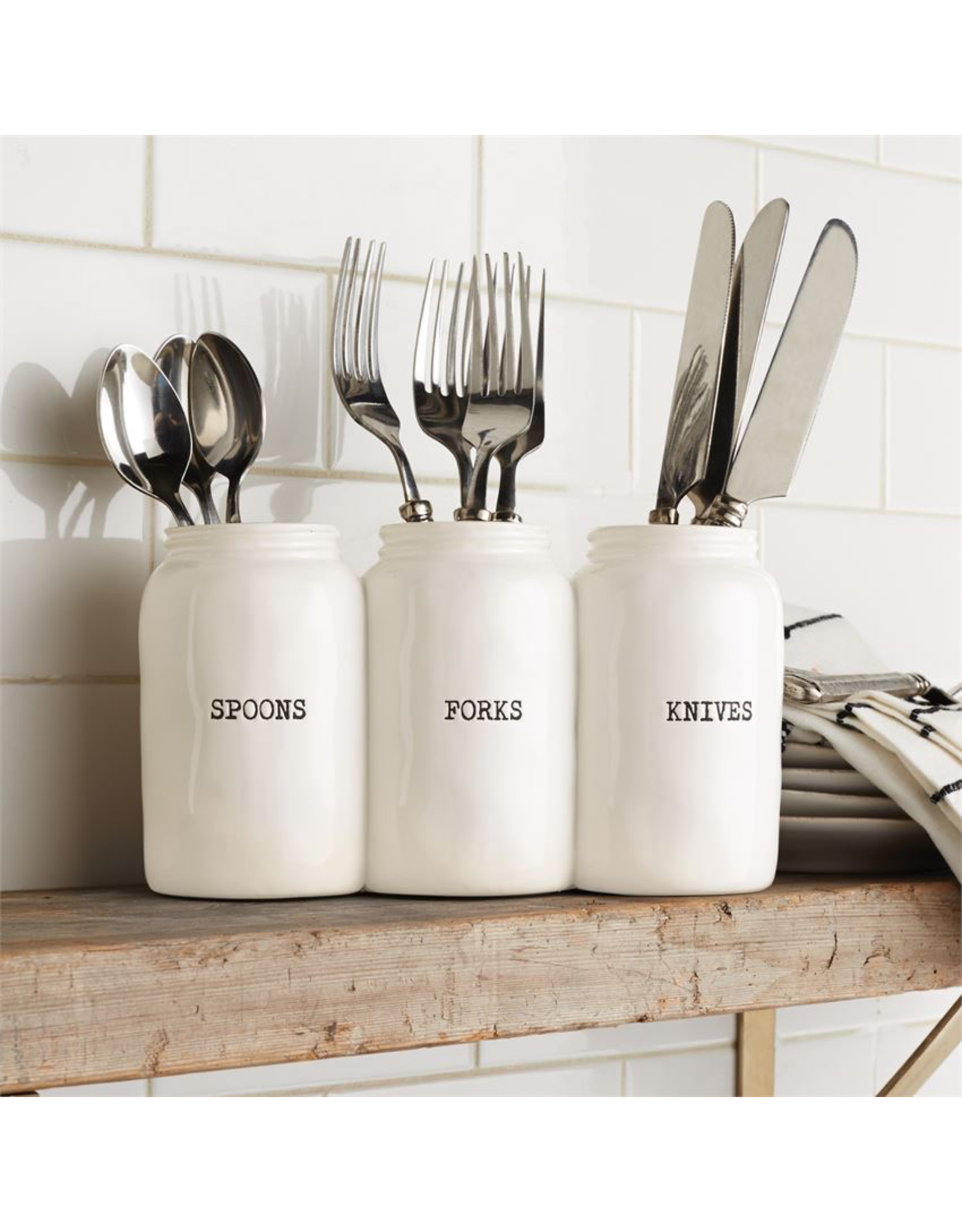 Mud Pie Triple Ceramic Jar Utensil Holder Spoons Forks Knives