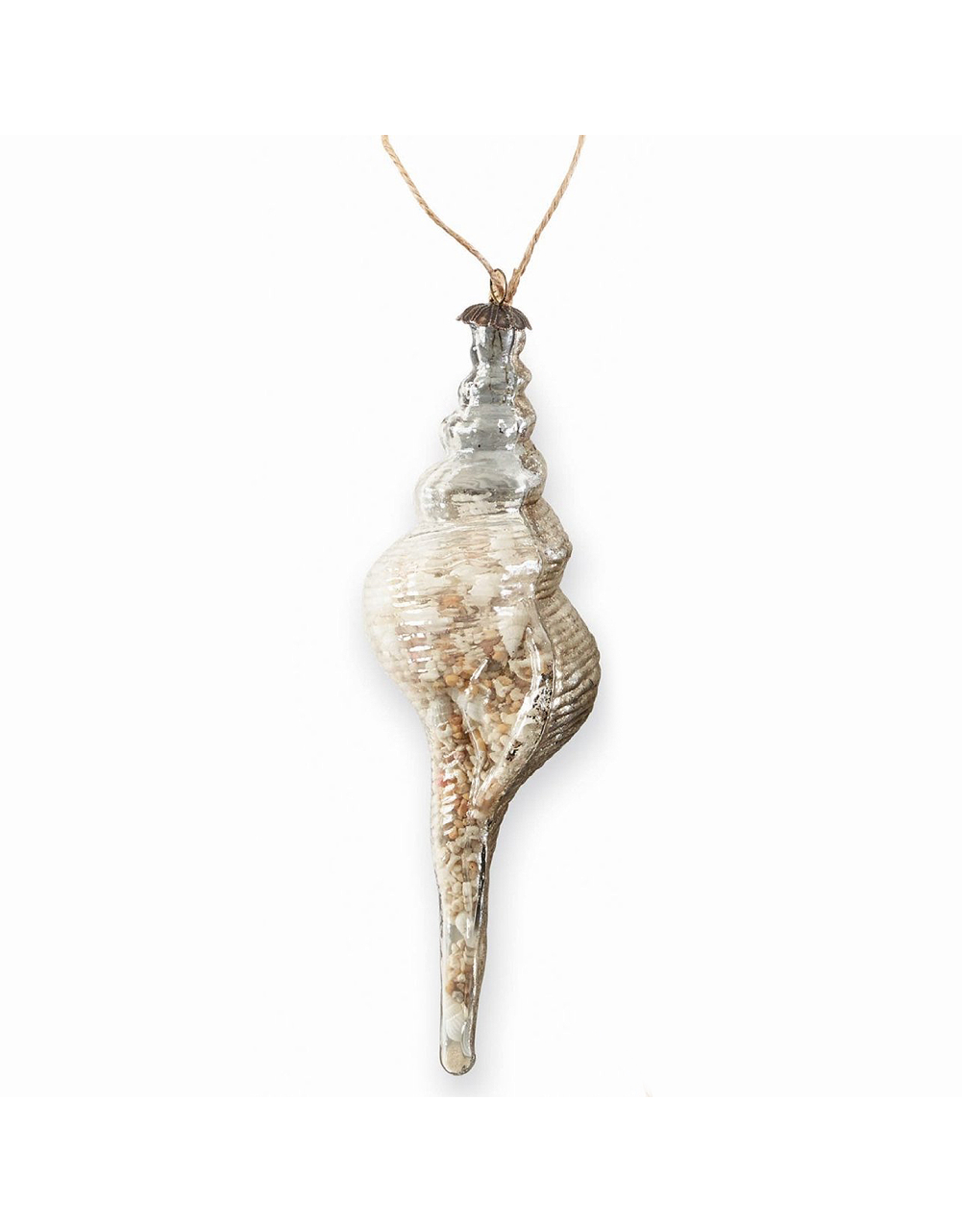 Mud Pie Glass Spiral Shell Filled Ornament w Antique Silver Backing