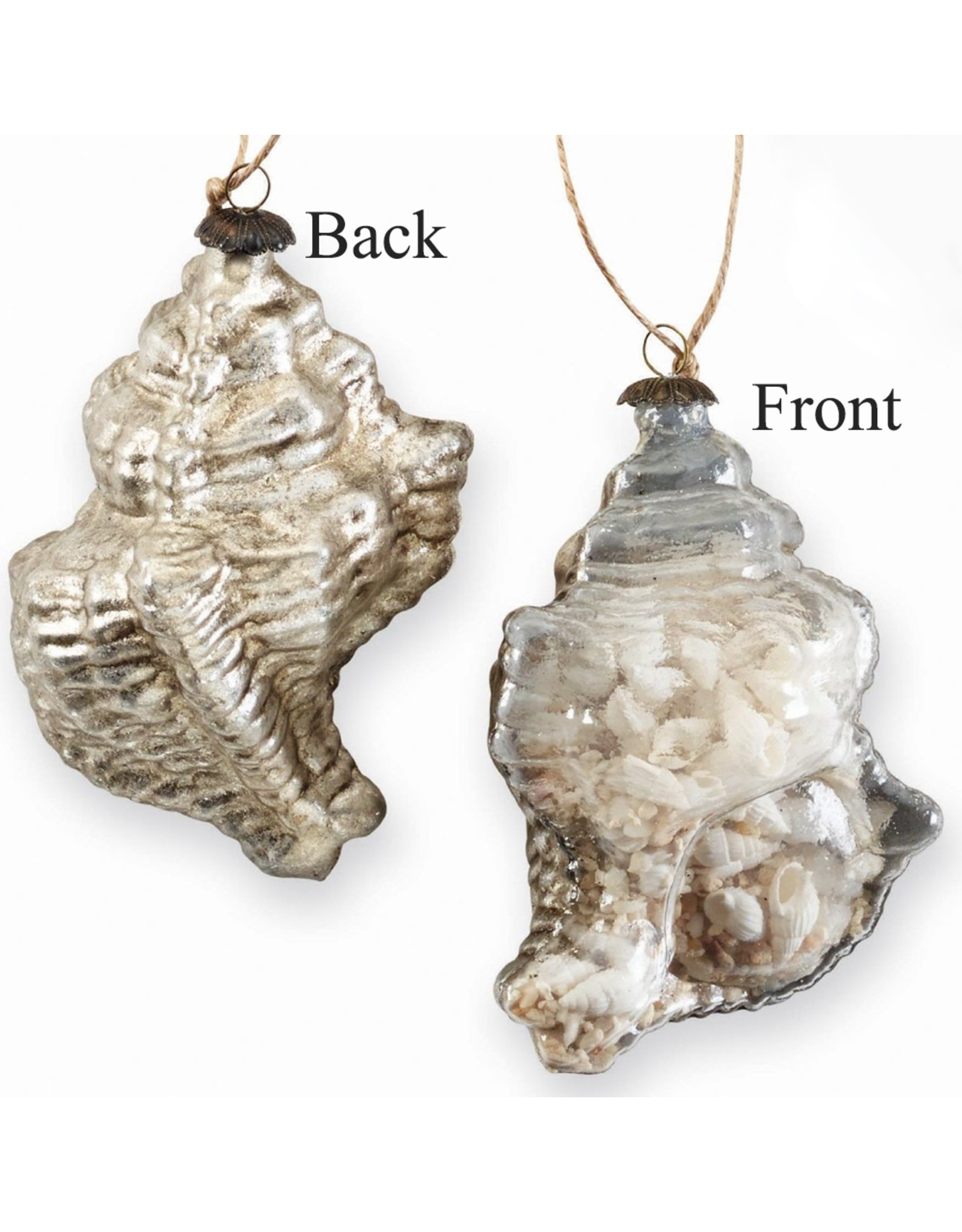 Mud Pie Glass Conch Shell Filled Ornament w Antique Silver Backing