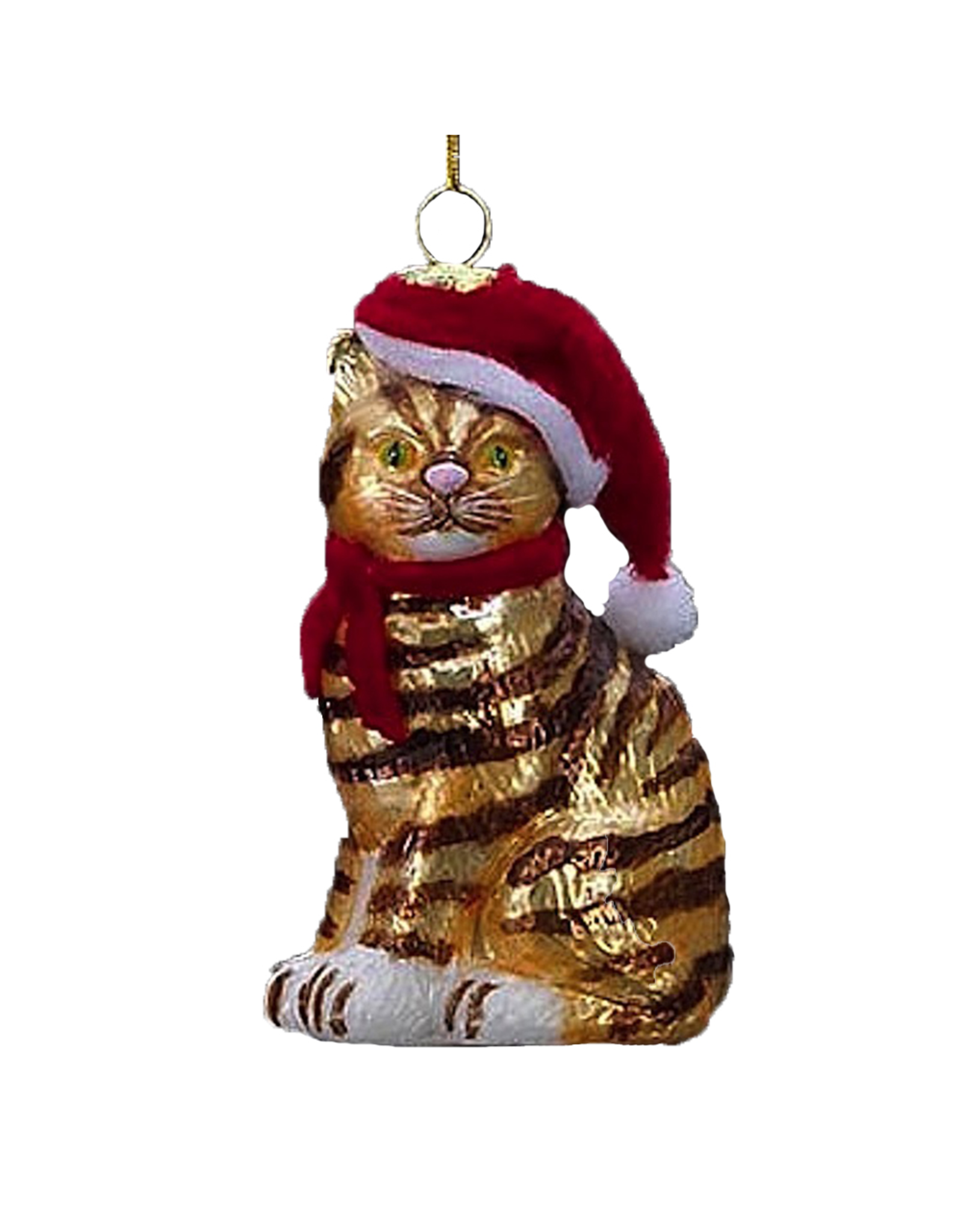 Kurt Adler Noble Gems Cat W Santa Hat Glass Ornament Striped Cat